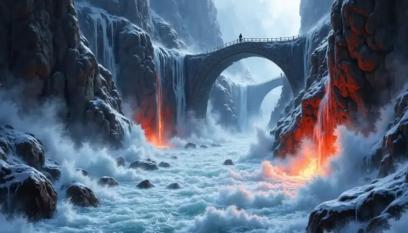 Reißende Fluten am Acheron, wo eisige Wasserfälle und Feuer unter massiven Steinbrücken toben.