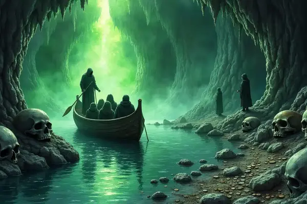 Ein Boot mit den Fährmann Chiron und verhüllten Gestalten fährt über den schwarzen Fluss Styx, erhellt von magischem Licht, im Hades. Am Ufer liegen große Totenschädel.