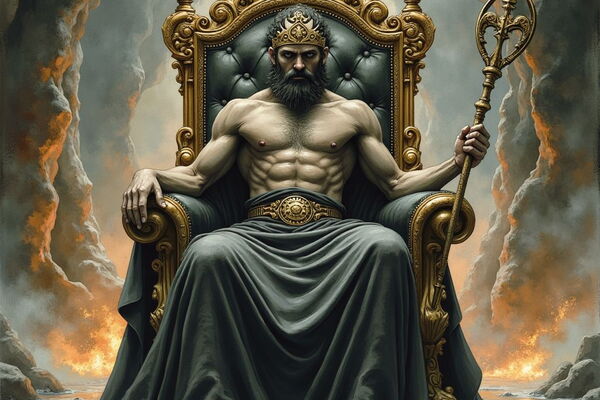 Der finster blickende Gott Hades mit Bart und Krone sitzt mit nacktem Oberkörper auf einem prunkvollen, gold-schwarzen Thron und hält seinen zweizackigen goldenen Zepter in der Hand, während im Hintergrund Feuer und Rauch der Unterwelt aufragen.