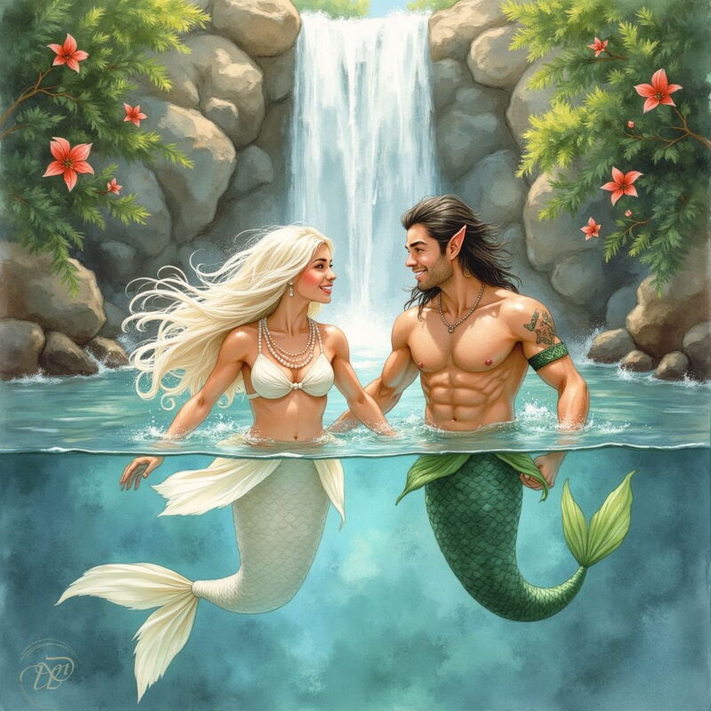 Eine Nixe mit langem blonden Haar und weißem Fischschwanz und ein Nöck (Wassermann) mit dunklen Haaren und grünem Fischschwanz halten sich in einer Grotte vor einem Wasserfall an den Händen. Die Unterwasseransicht zeigt ihre beiden Fischleiber, während si