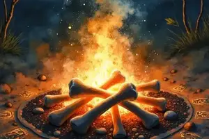 Knochenschau-Orakel mit im lodernden Feuer aufgeschichteten hellen Knochen des Barometz-Lamms und leuchtenden Runen