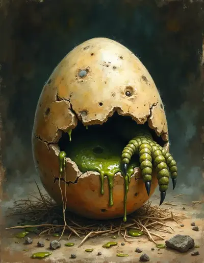 Eine reptilienartige Klaue bricht aus einem lederartigen Ei.