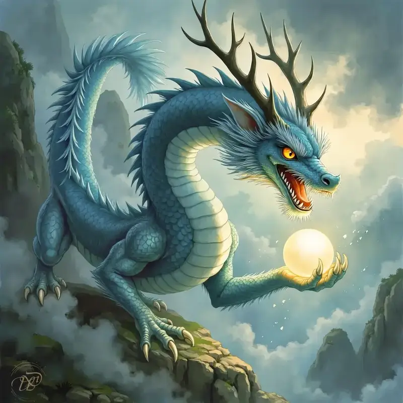 Der chinesische Drache ShenLong gleitet mit blauen Schuppen durch Regenwolken