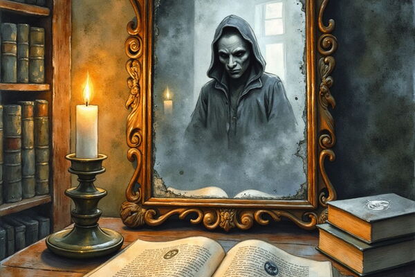 Auf einem Schreibtisch in einer alten Bibliothek steht ein goldgerahmter Spiegel, der statt einer Reflexion ein bleiches Gespenst mit Kapuze zeigt. Daneben liegen aufgeschlagene Bücher und eine brennende Kerze.