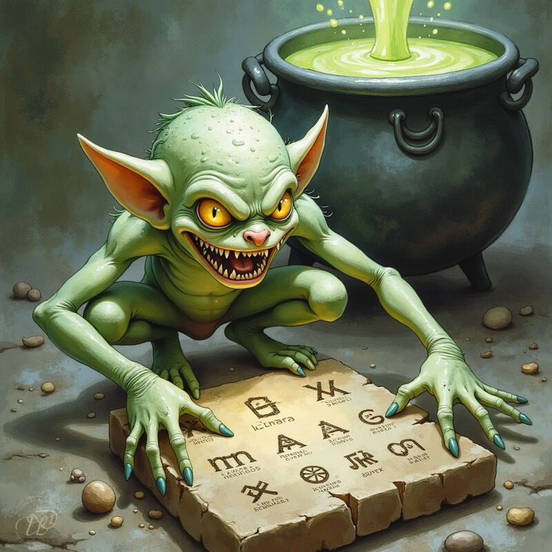Ein kleiner, grüner Imp mit spitzen Ohren und gelb leuchtenden Augen kauert vor einer Steintafel mit magischen Runen. Im Hintergrund brodelt eine leuchtend grüne Flüssigkeit in einem schwarzen Kessel.