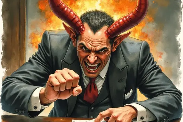 Satan mit großen roten Hörnern, gekleidet in einen Anzug, beugt sich über einen Schreibtisch und zeigt auf einen Vertrag. Er hat ein boshaftes Grinsen, und im Hintergrund ist eine feurige Explosion zu sehen.