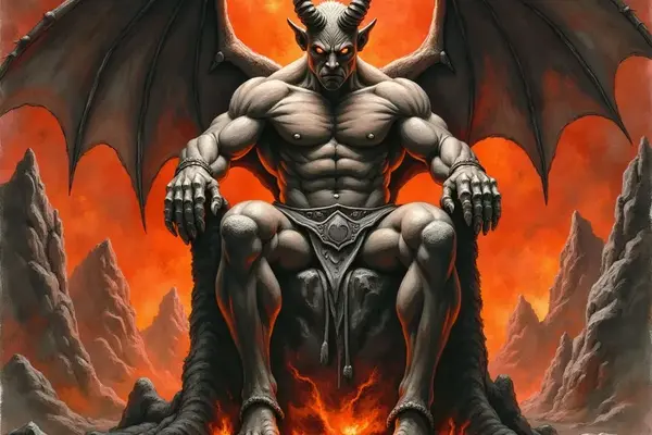 Ein muskulöser Teufel mit grauer Haut, leuchtend roten Augen und großen Fledermausflügeln sitzt auf einem Thron aus schwarzem Fels. Er befindet sich in einer höllischen Landschaft mit rissigem Boden, aus dem Lava strömt.