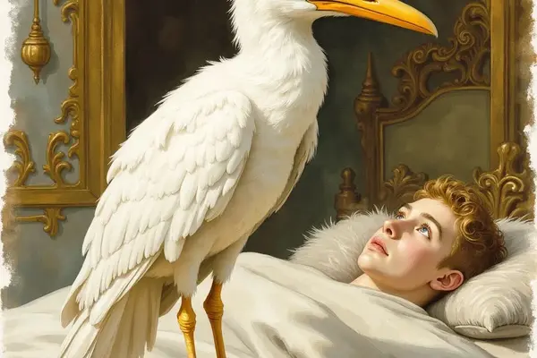 Ein großer, weißer Vogel, der Caladrius, steht auf dem Bett eines kranken, jungen Mannes mit blonden Haaren. Der mythische Vogel blickt dem im Bett liegenden Mann direkt in die Augen, während dieser hoffnungsvoll zu ihm aufschaut.