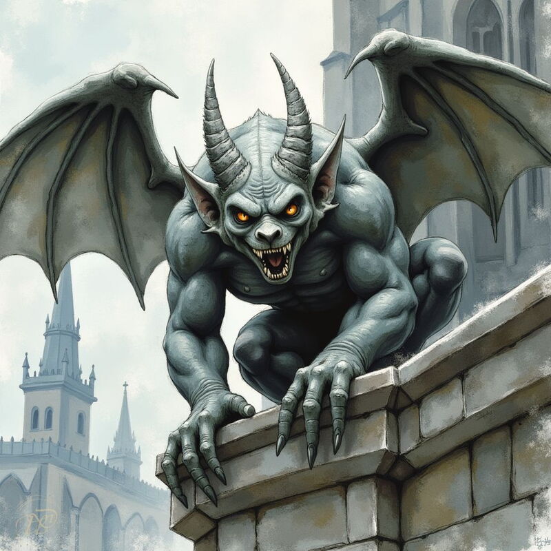 Ein muskulöser, grauer Gargoyle mit Fledermausflügeln und leuchtend orangen Augen kauert auf einer steinernen Mauer einer Kathedrale und fletscht seine spitzen Zähne in die Kamera.