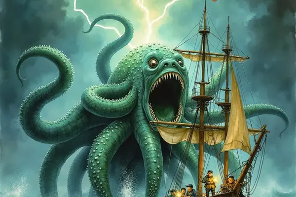 Ein gigantischer, grüner Krake mit aufgerissenem, zähnebewehrtem Maul und riesigen Tentakeln erhebt sich aus einem stürmischen Meer, um ein Segelschiff anzugreifen. Am dunklen Himmel zuckt ein Blitz, während die Seeleute an Deck dem Seeungeheuer entsetzt