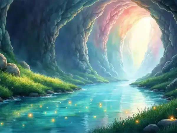 Eine epische Darstellung des leuchtenden Flusses Lethe, aus dem glühende Erinnerungskugeln in einen bunten Nebel aufsteigen.