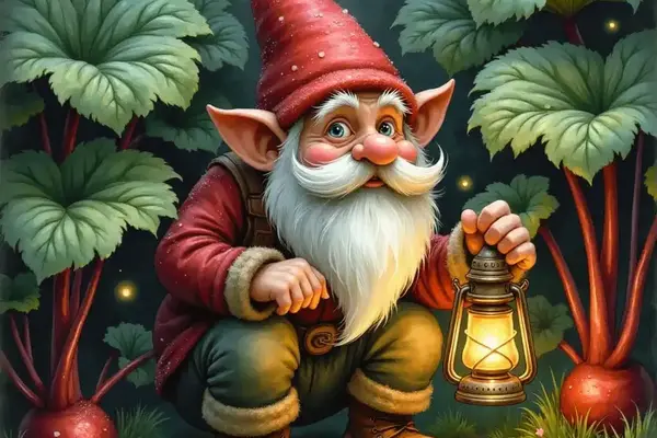Ein Gartenzwerg als lebendiges Erdwesen mit leuchtender Laterne und roter Mütze im tiefen Schatten eines Beetes.