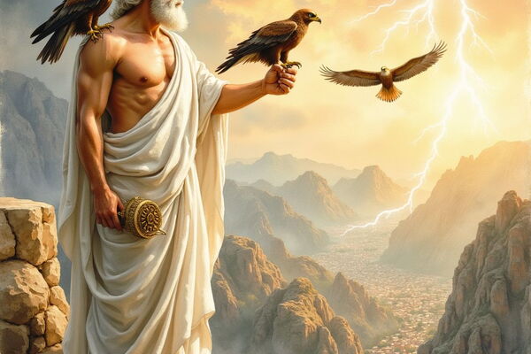 Der Göttervater Zeus mit weißem Bart und Haar steht in einer weißen Toga auf einem Berggipfel, umgeben von Adlern. Während ein Adler auf seiner Schulter und ein weiterer auf seiner Hand sitzen, schlägt im Hintergrund ein gewaltiger Blitz in ein Tal ein.