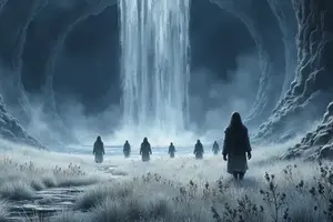 Verhüllte Gestalten wandern durch die neblige Unterwelt Hades auf einen großen Wasserfall in einer Höhle zu