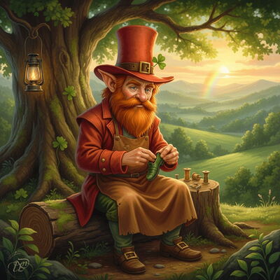 Ein irischer Leprechaun mit rotem Bart und rotem Mantel, wie er in den ursprünglichen Legenden beschrieben wird, sitzt auf einem moosbewachsenen Baumstamm