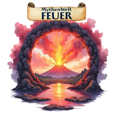 Portal aus dunklem Gestein vor einem ausbrechenden Vulkan mit Lavastrom; oben ein Banner mit Fantasywelt Feuer.