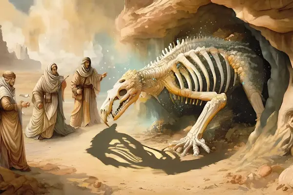 Antike Gelehrte betrachten Dinosaurierknochen, deren Schatten wie ein Greif aussieht.