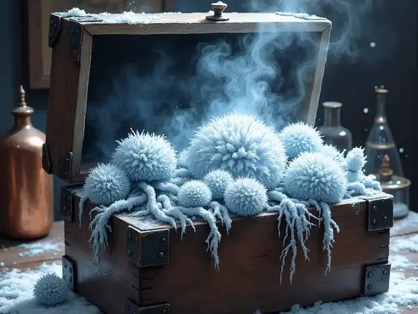 Geerntete, gefrorene Nebelwurz in einer Holzkiste auf einem Alchemie-Tisch, kalter Nebel steigt auf.