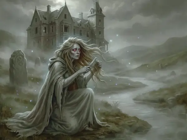 Eine hell leuchtende, geisterhafte Banshee kniet trauernd an einem nebligen Flussufer und kämmt ihr langes Haar, während ihre Augen rot glühen.