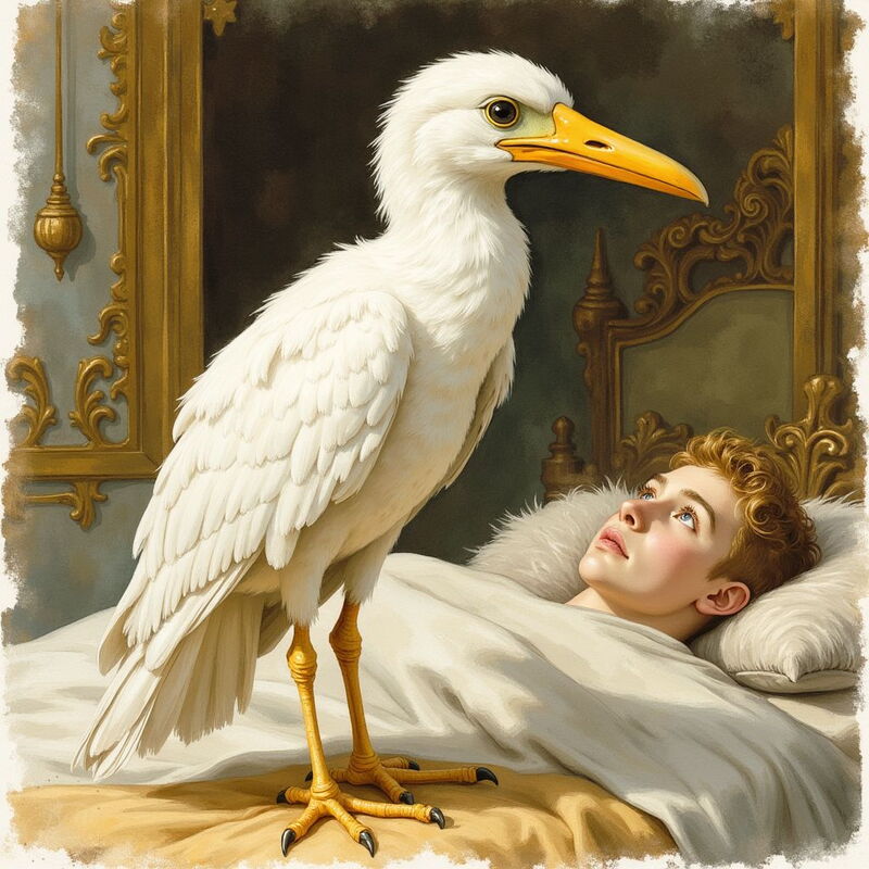 Ein großer, weißer Vogel, der Caladrius, steht auf dem Bett eines kranken, jungen Mannes mit blonden Haaren. Der mythische Vogel blickt dem im Bett liegenden Mann direkt in die Augen, während dieser hoffnungsvoll zu ihm aufschaut.