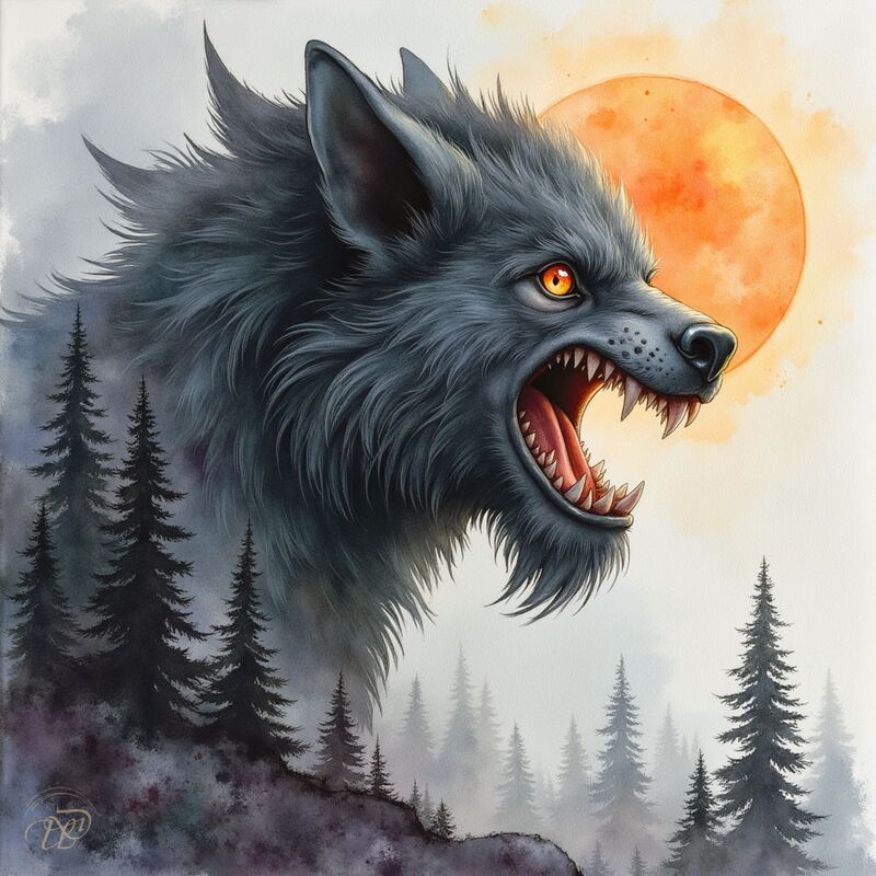 Ein zorniger, riesiger Wolf mit dunklem Fell, leuchtend orangen Augen und entblößten, scharfen Zähnen vor einem nebligen Nadelwald und einem großen, orangen Mond.