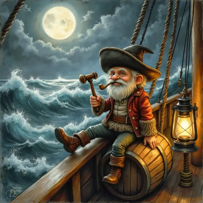 Ein Klabautermann mit weissem Bart, Pfeife und Seemannshut sitzt nachts auf einem Fass an Deck eines Segelschiffs. Er hält einen kleinen Hammer in der Hand, während hinter ihm der Vollmond auf die stürmische See scheint.