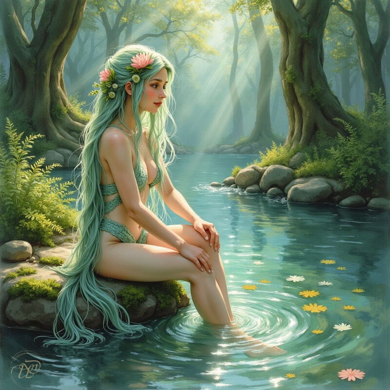 Eine anmutige Najade mit langem, meergrünem Haar, das mit rosa Blumen verziert ist, sitzt auf einem Felsen am Rande eines klaren Waldbaches. Sie hat ihre Füsse ins Wasser getaucht, das von Sonnenstrahlen durchflutet wird und auf dem kleine Blüten treiben.