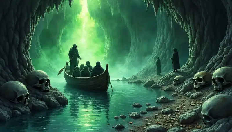 Ein Boot mit den Fährmann Chiron und verhüllten Gestalten fährt über den schwarzen Fluss Styx, erhellt von magischem Licht, im Hades. Am Ufer liegen große Totenschädel.