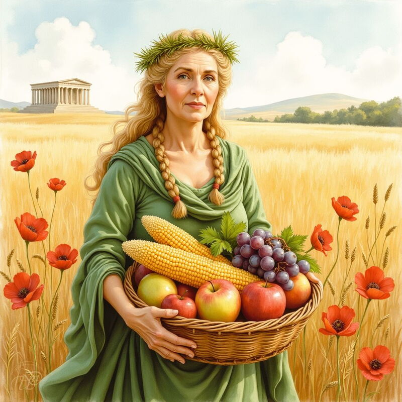 Die griechische Göttin Demeter als reife Frau mit einem Kranz aus Ähren im geflochtenen Haar. Sie steht in einem goldenen Weizenfeld voller Mohnblumen und hält einen Korb, der reich gefüllt ist mit Früchten der Ernte wie Mais, Äpfeln und Trauben. Im Hinte