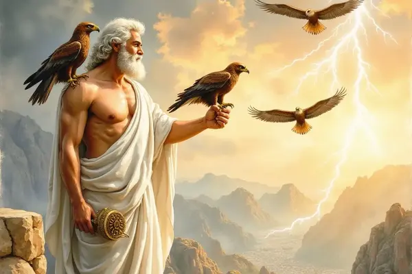 Der Göttervater Zeus mit weißem Bart und Haar steht in einer weißen Toga auf einem Berggipfel, umgeben von Adlern. Während ein Adler auf seiner Schulter und ein weiterer auf seiner Hand sitzen, schlägt im Hintergrund ein gewaltiger Blitz in ein Tal ein.