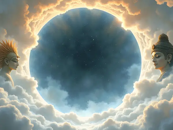 Profile von ägyptischen Göttern, Buddha und Gottheiten vor einem kosmischen Kreis im Lexikon der Götter.