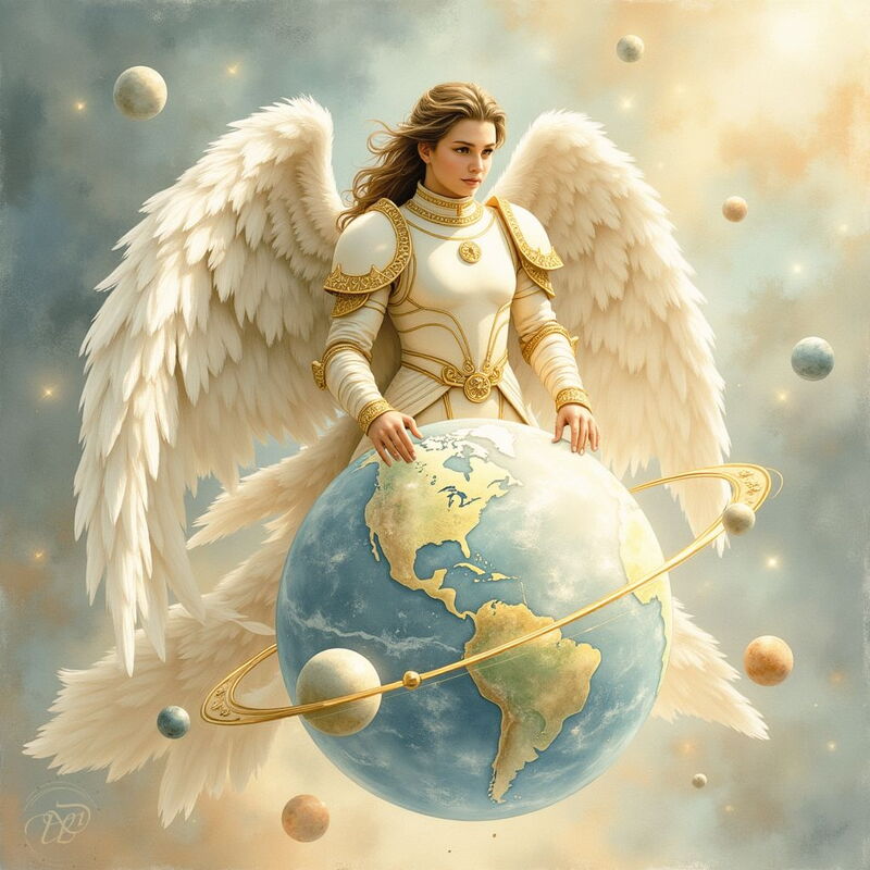 Ein Engel der Mächte, dargestellt als Frau in weiss-goldener Rüstung mit gewaltigen weissen Flügeln. Sie steht im Kosmos und legt ihre Hände schützend auf den Planeten Erde, umgeben von Sternen und anderen Planeten.