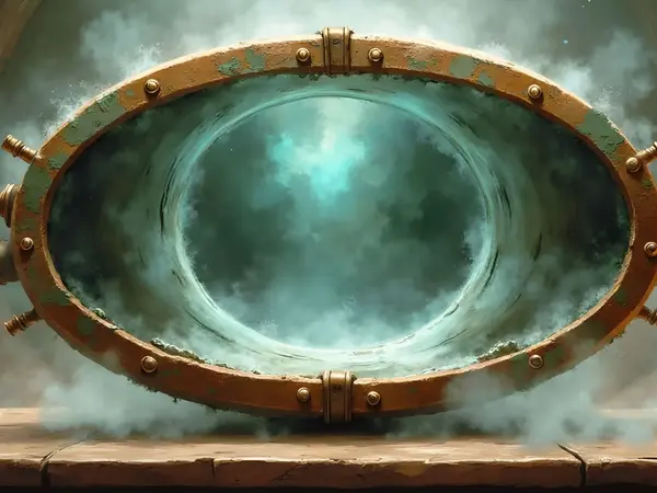 Ein Alchemie-Labor mit brodelnden Phiolen, Kräutern und einem Blick in eine leuchtende, neblige Dimension.