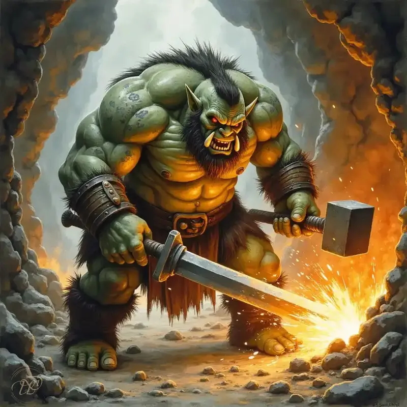 Muskulöser Ork Schmied mit grüner Haut und Hauern schlägt mit einem Hammer auf glühendes Metall auf einem steinernen Amboss.