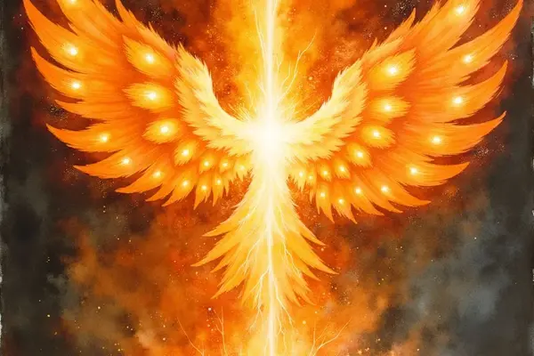 Ein Seraphim-Engel als abstraktes Wesen aus reinem Feuer und Licht. Aus einem leuchtenden Zentrum erheben sich riesige, flammende Flügel, die mit Lichtpunkten besetzt sind, vor einem dunklen, kosmischen Hintergrund.