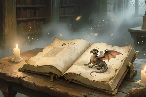 Ein aufgeschlagenes antikes Buch mit einer Drachenzeichnung im Kerzenlicht.