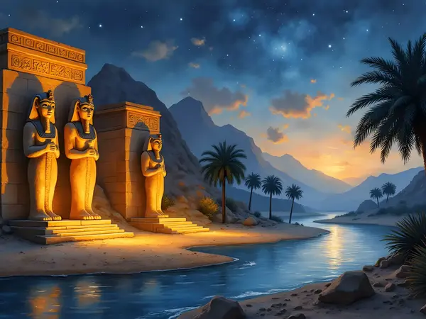 Altägyptischer Tempel am Nil mit riesigen Statuen der ägyptischen Götterwelt im Nebel