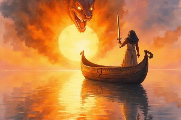 Ra in ägyptischer Kleidung steht in einer Sonnenbarke auf dem Wasser und hält ein Schwert gegen den gigantischen, dämonischen Schlangenkopf des Gottes Apophis, der aus feurigen Wolken vor der Sonne erscheint.