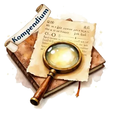 Lupe auf einem Pergamentblatt über einem alten Buch; ein Banner oben trägt die Aufschrift Kompendium.
