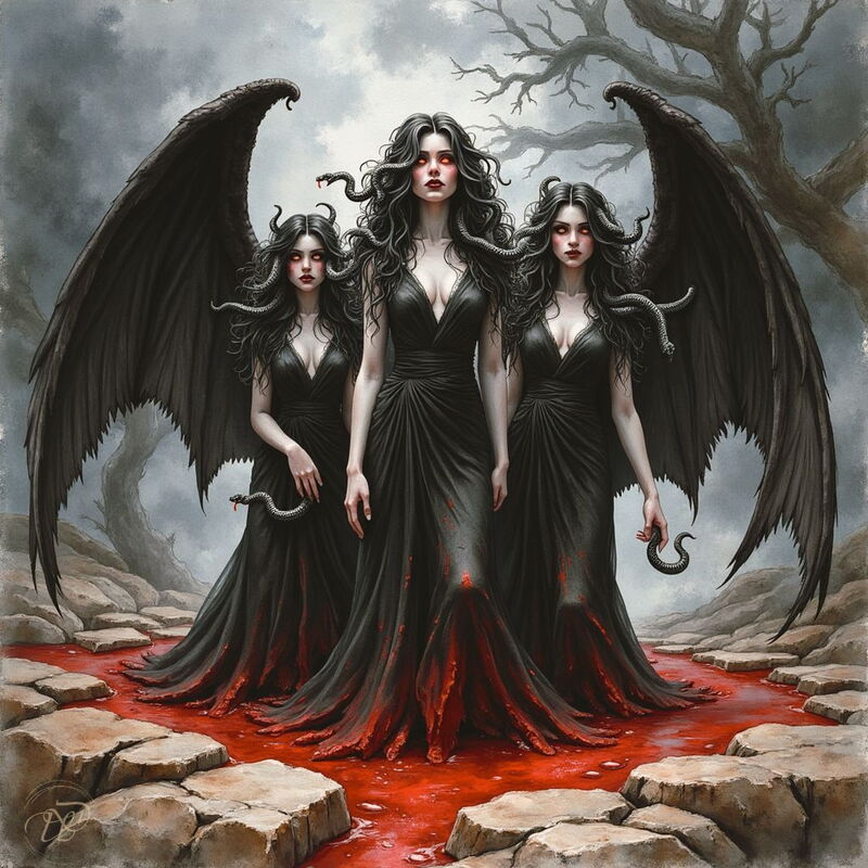 Drei Erinnyen mit langen schwarzen Haaren, roten Augen und Schlangen im Haar stehen in schwarzen Kleidern in einem Teich aus Blut. Zwei von ihnen haben große, schwarze Flügel, die sich hinter ihnen ausbreiten.