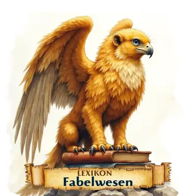 Ein goldener Greif mit mächtigen Flügeln steht wachsam auf einem Stapel alter Bücher.