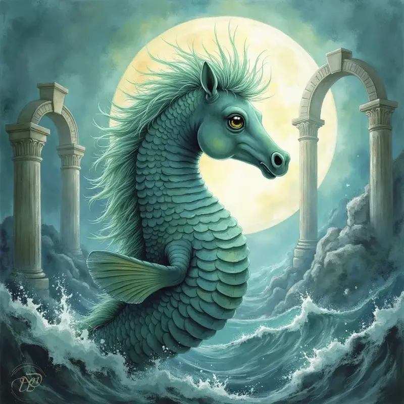 Türkiser Hippokamp mit Schuppenkörper und Flossen, der aus aufgewühltem, grünlichem Meerwasser auftaucht. Im Hintergrund steht eine große, helle Vollmondscheibe zwischen zwei antiken Ruinenbögen.
