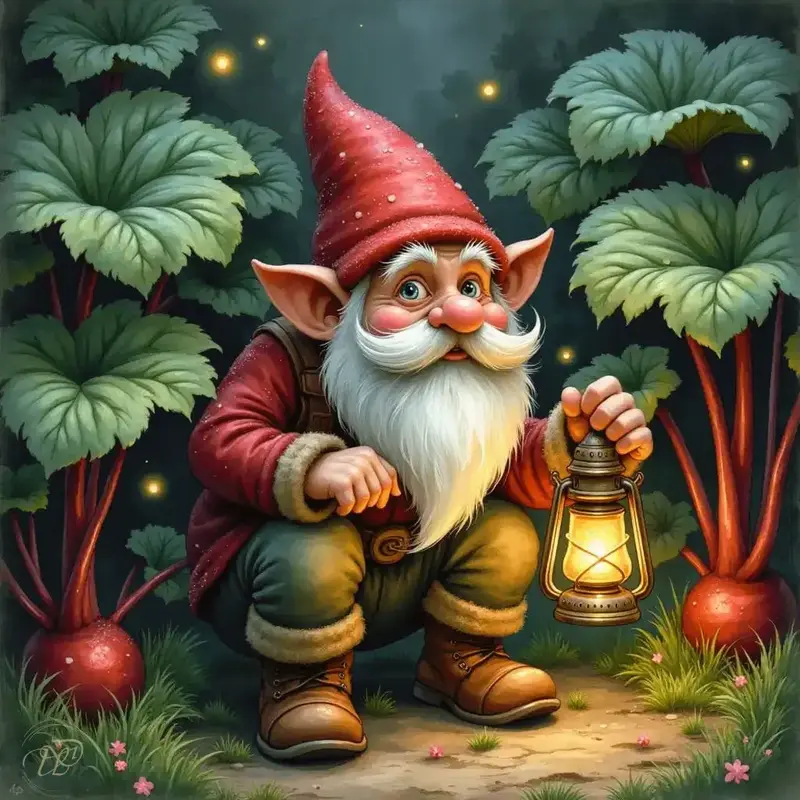 Ein Gartenzwerg als lebendiges Erdwesen mit leuchtender Laterne und roter Mütze im tiefen Schatten eines Beetes.