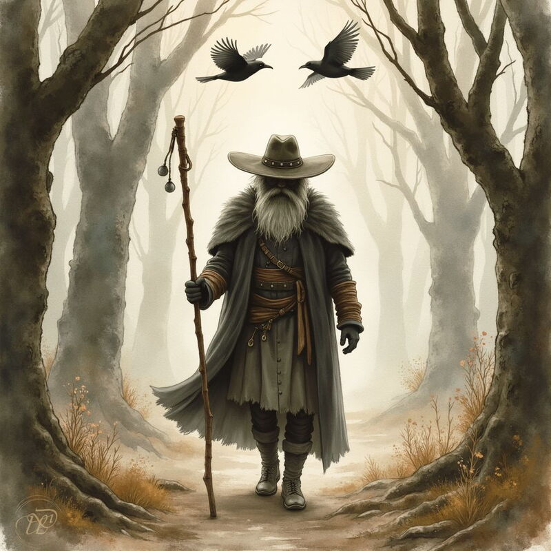 Der Gott Odin als alter Wanderer mit langem, grauem Bart und Schlapphut geht auf einem Waldweg, gestützt auf einen Stab, während über ihm seine zwei Raben Hugin und Munin am nebligen Himmel fliegen.