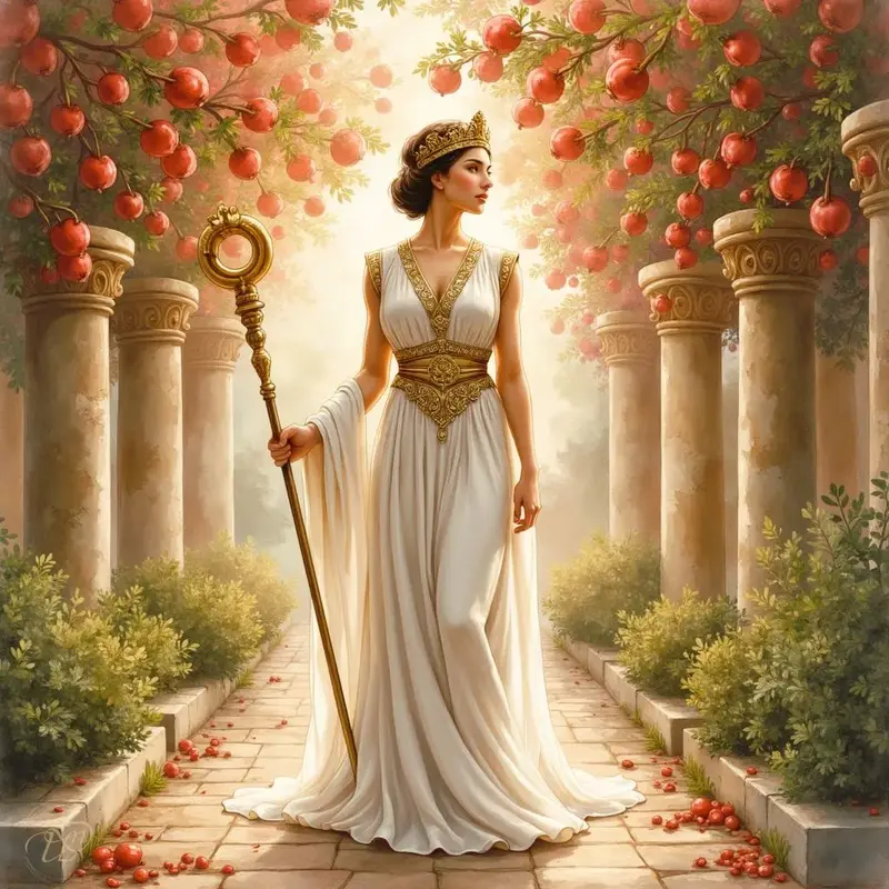 Die majestätische Göttin Hera in einem weißen, goldverzierten Gewand mit Krone und Zepter schreitet auf einem Steinweg, der von antiken Säulen und Bäumen mit leuchtend roten Granatäpfeln gesäumt ist.