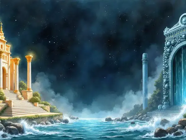 Goldener Palast und ein steinernes Wasserportal an einer stürmischen Küste unter einem sternenklaren Nachthimmel.