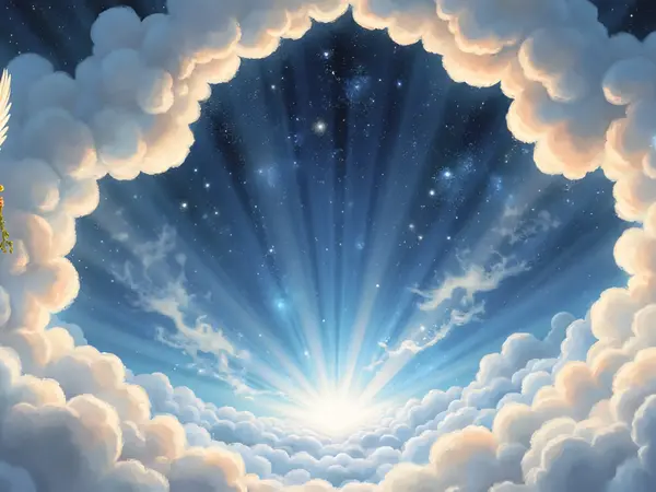 Zwei geflügelte Frauenfiguren mit Heiligenschein und Schutzschild inmitten von Wolken in der Welt der Engel.