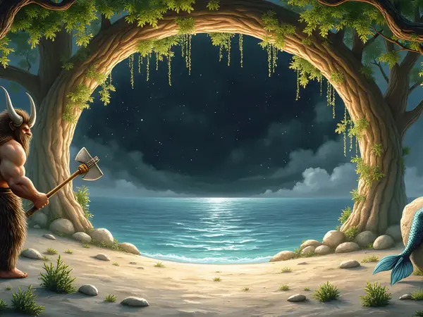 Ein muskulöser Minotaurus mit Axt und eine Meerjungfrau auf einem Felsen in der Rubrik für Mischwesen.