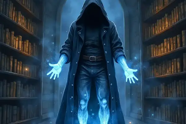 Ein Magier wirkt den Zauber der Unsichtbarkeit in einer alten Bibliothek und wird transparent.
