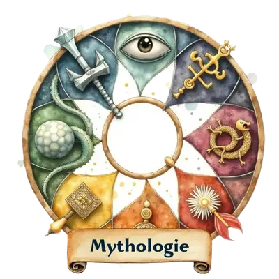 Ein kreisförmiges Ornament mit verschiedenen mythologischen Symbolen wie Auge, Schwert, Schlange und Sonne.